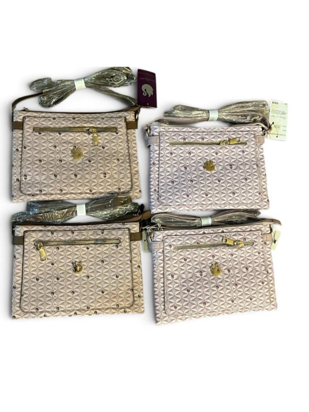 Lot of 4 Gloria Vanderbilt Tan PInk Swan Logo Pattern Crossbody Purse Square NWT
